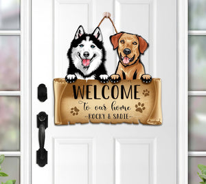 Dogs Welcome Door Hanger, Door Hanger, Best Gift for Dog Lover (Multiple Dogs) - Cut Metal Sign
