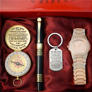 Mom To Son - Enjoy The Ride - Compass Keychain Watch Pen Gift Set