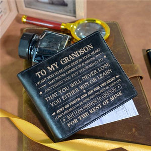 To My Grandson - Never Lose - Black Genuine Leather Wallet