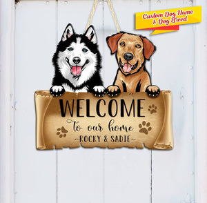 Dogs Welcome Door Hanger, Door Hanger, Best Gift for Dog Lover (Multiple Dogs)  - Cut Metal Sign